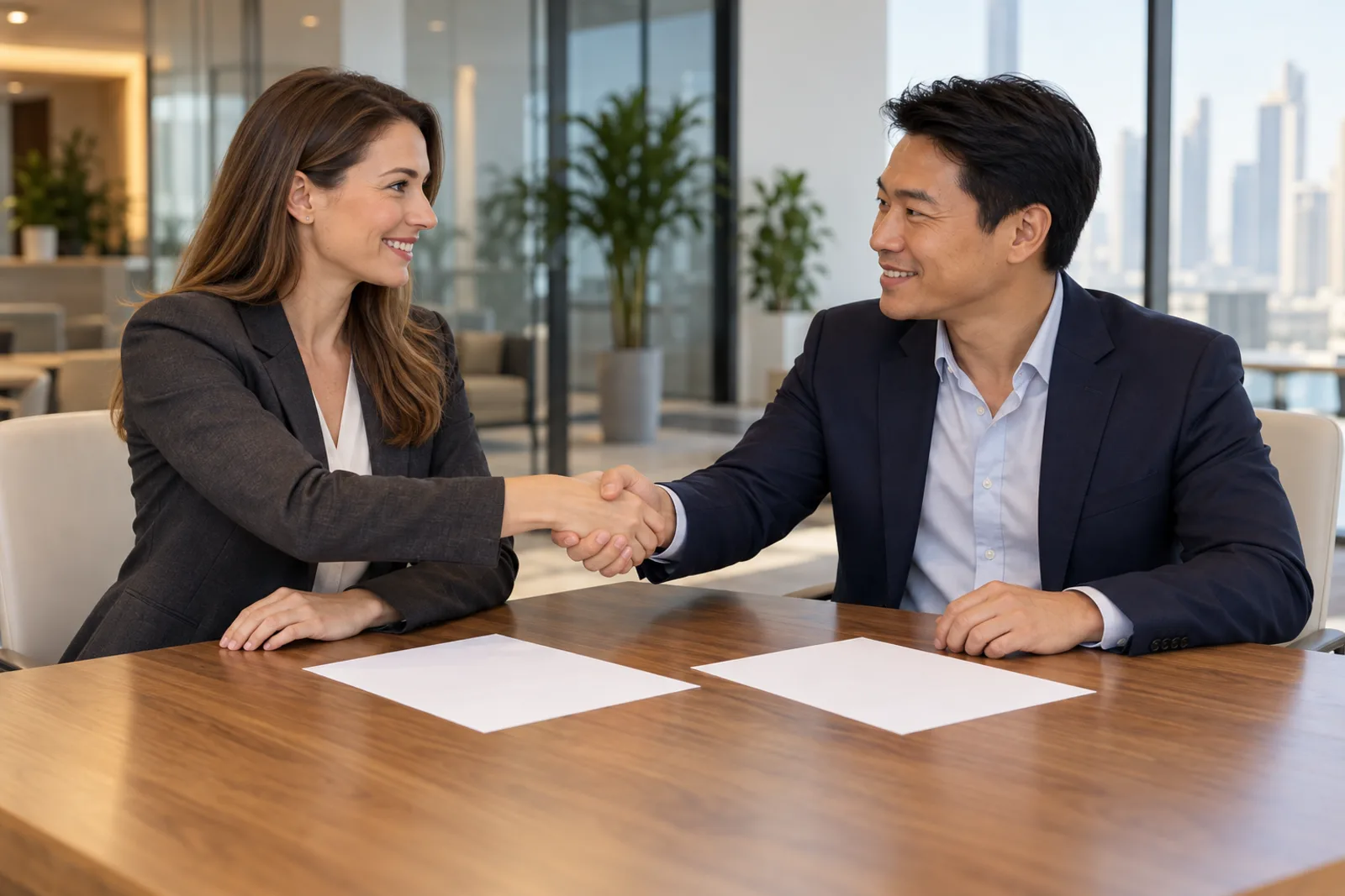 A handshake across a desk over signed project documents