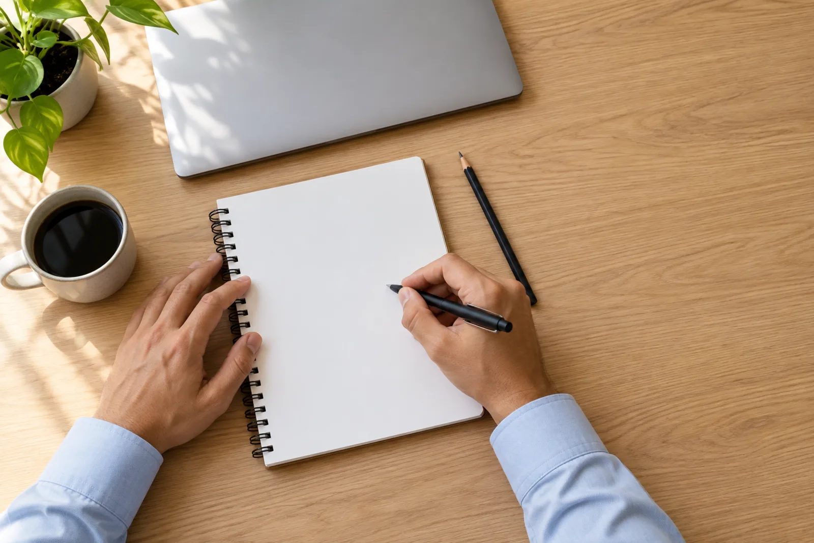 A business owner writing a software project brief at a desk