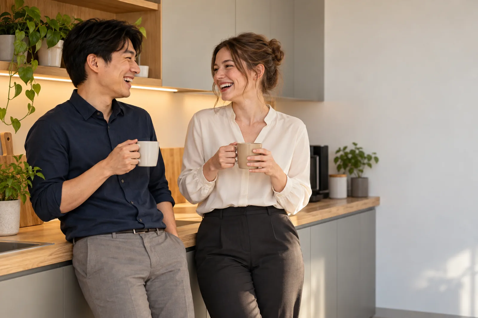 Two colleagues laughing over coffee in the office kitchen