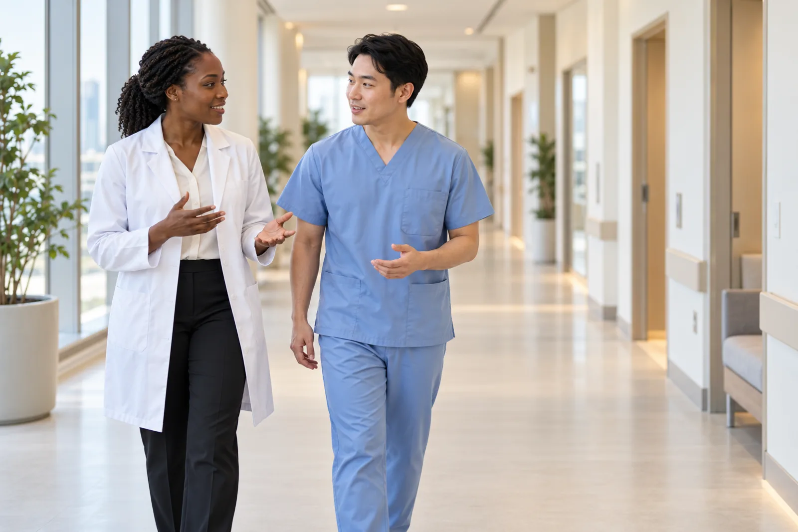 A doctor and a nurse talking in a clinic corridor
