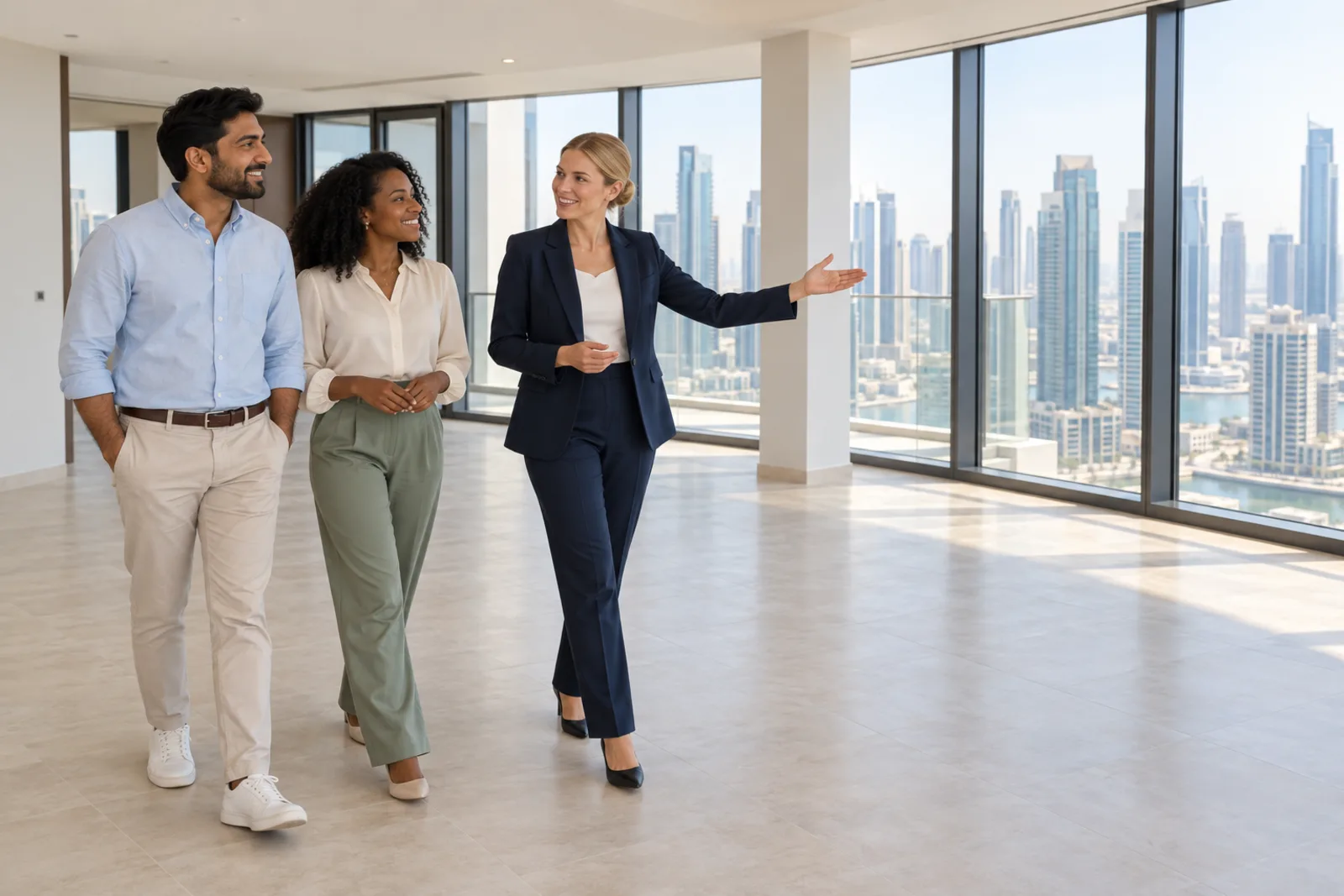 A property manager showing an apartment with a city skyline view
