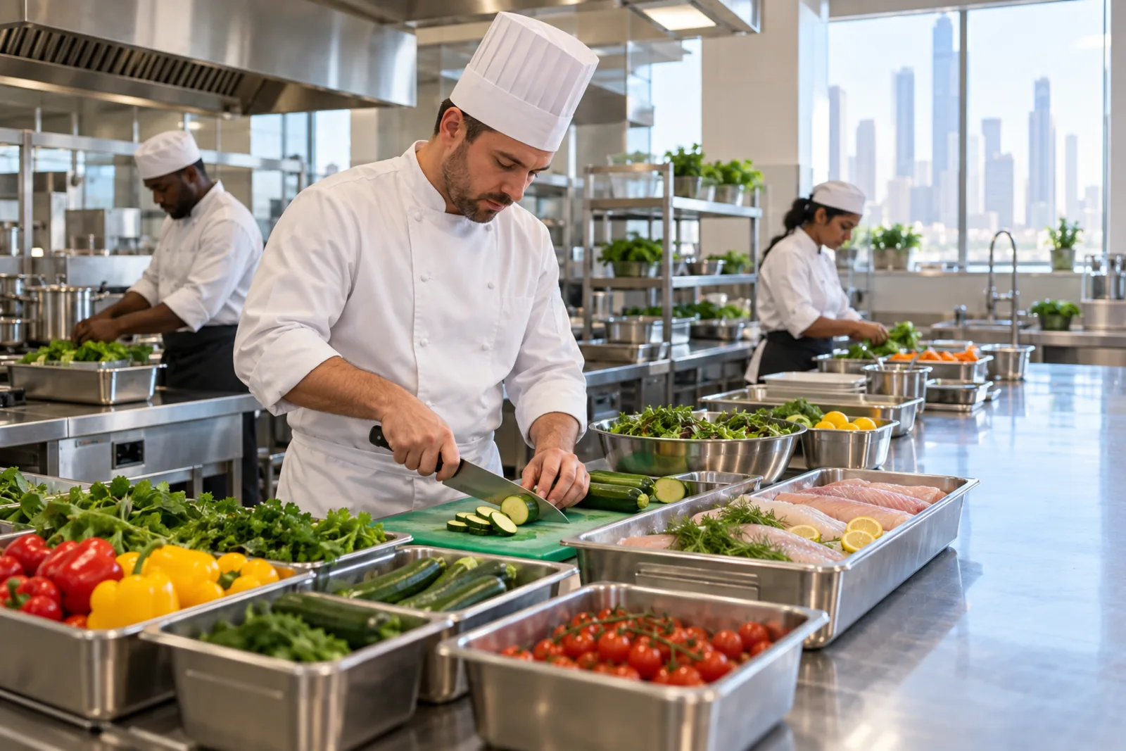 Chefs preparing dishes in a busy central kitchen