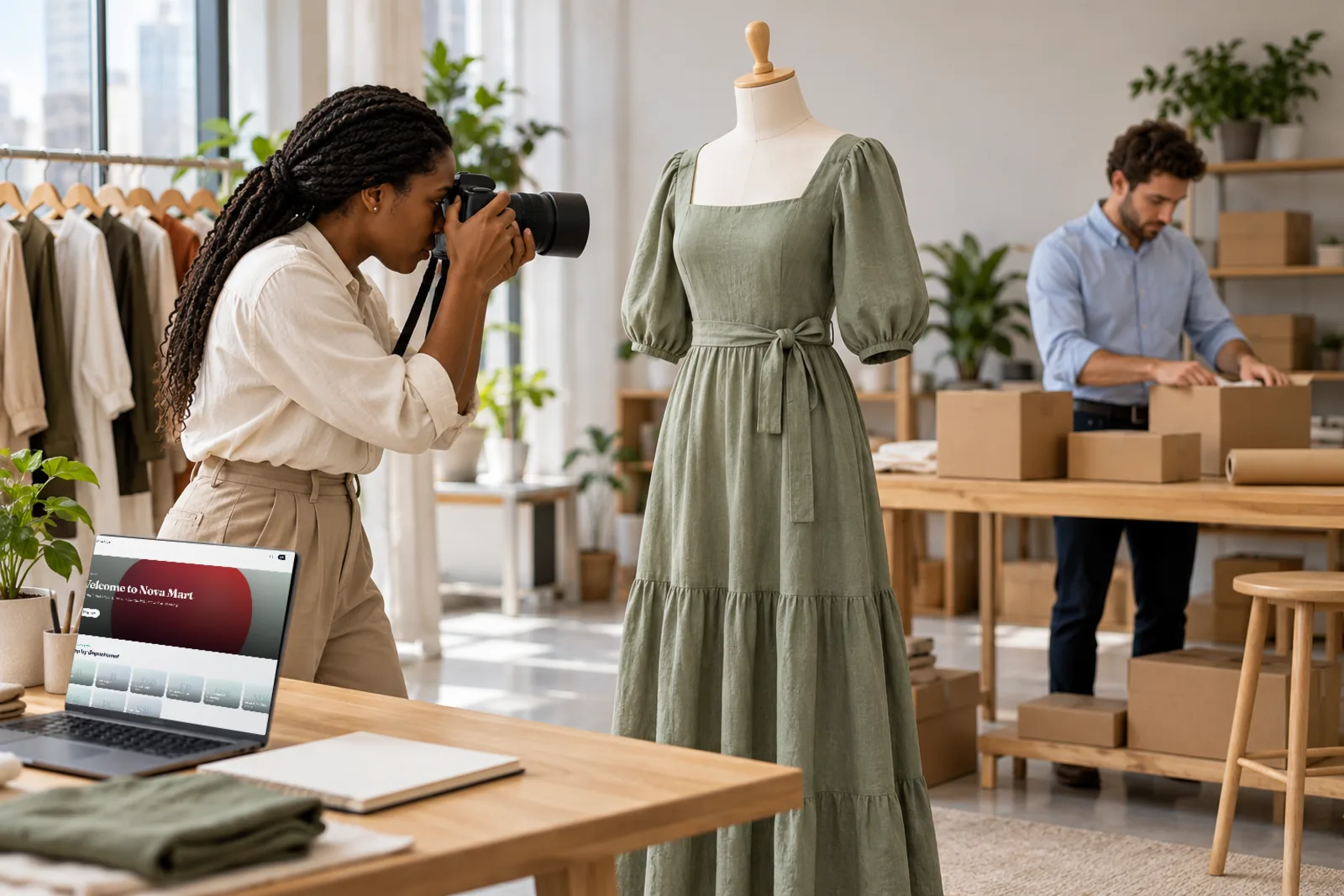 A fashion e-commerce studio photographing a dress for an online store