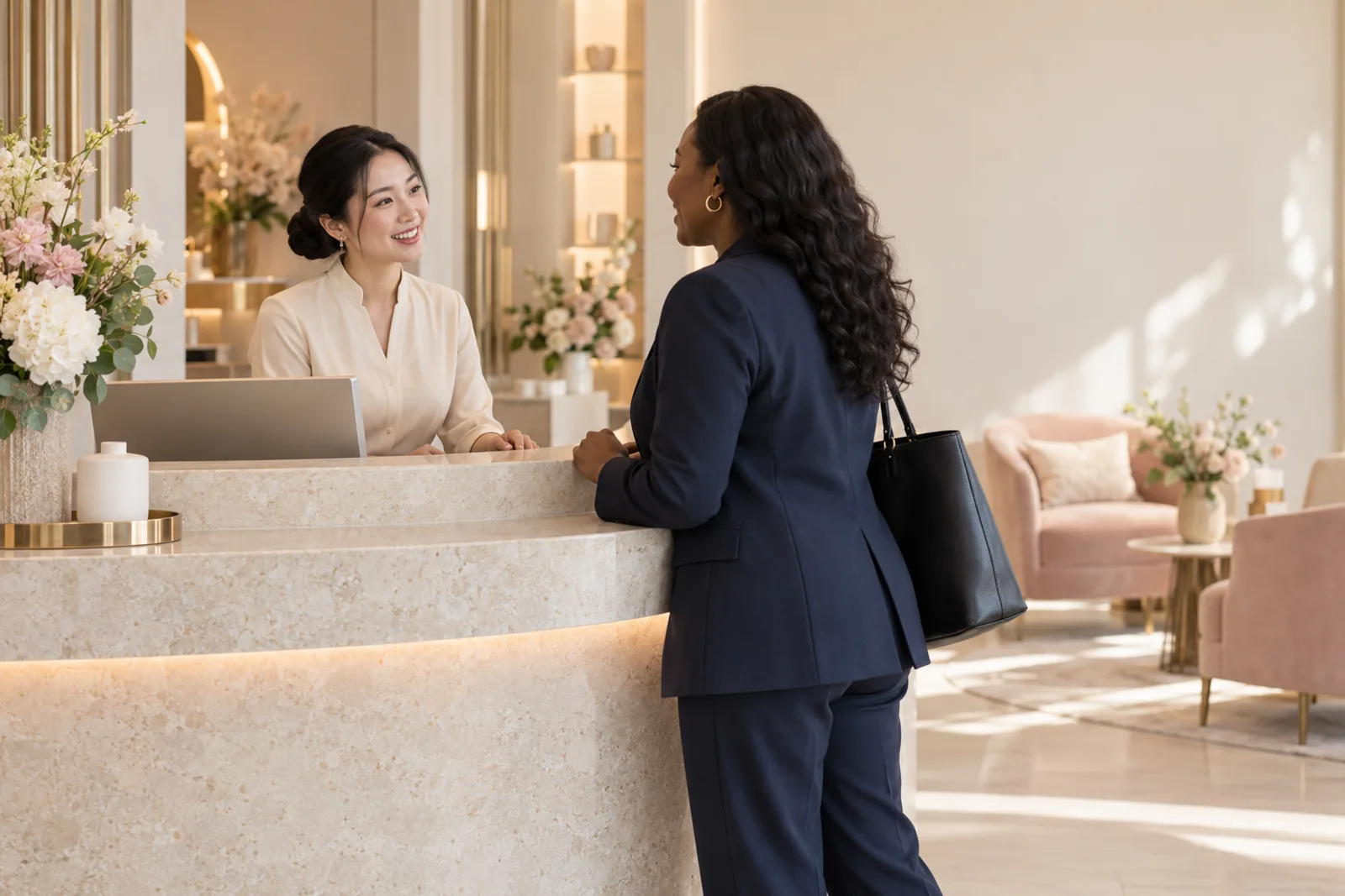 The reception desk of a luxury salon